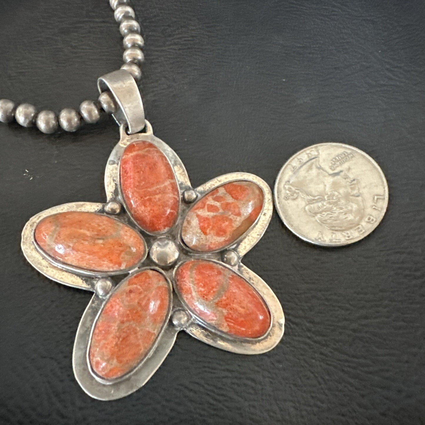 Navajo Apple Sponge Coral Sterling Silver Necklace Pendant 18133
