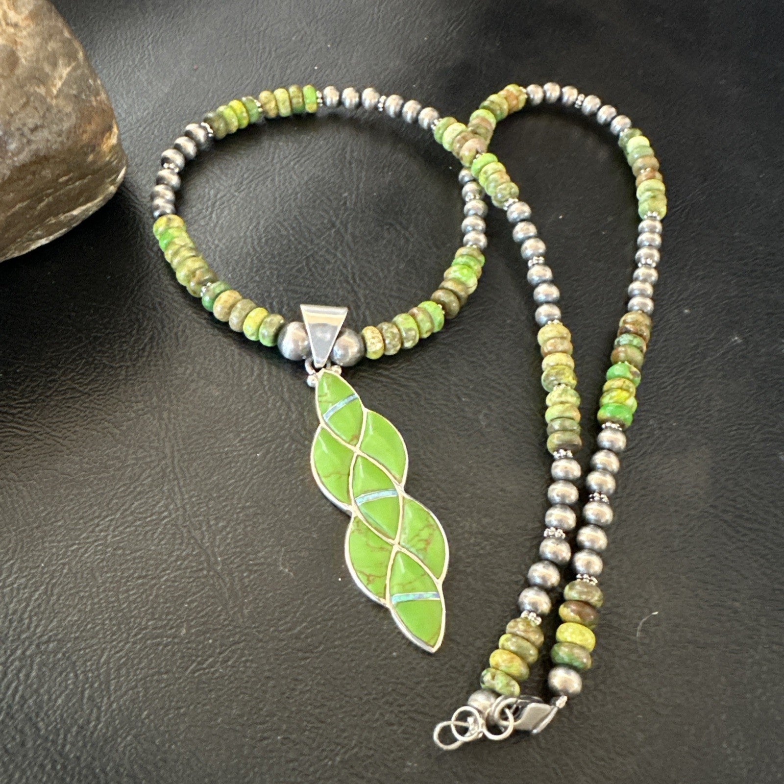 Womens Green Gaspeite Turquoise Opal Pendant Sterling Silver Necklace 19548