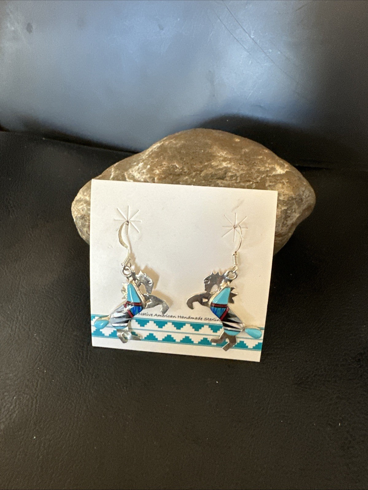 Blue Turquoise Coral Horse Inlay Navajo Sterling Silver Earrings 19827