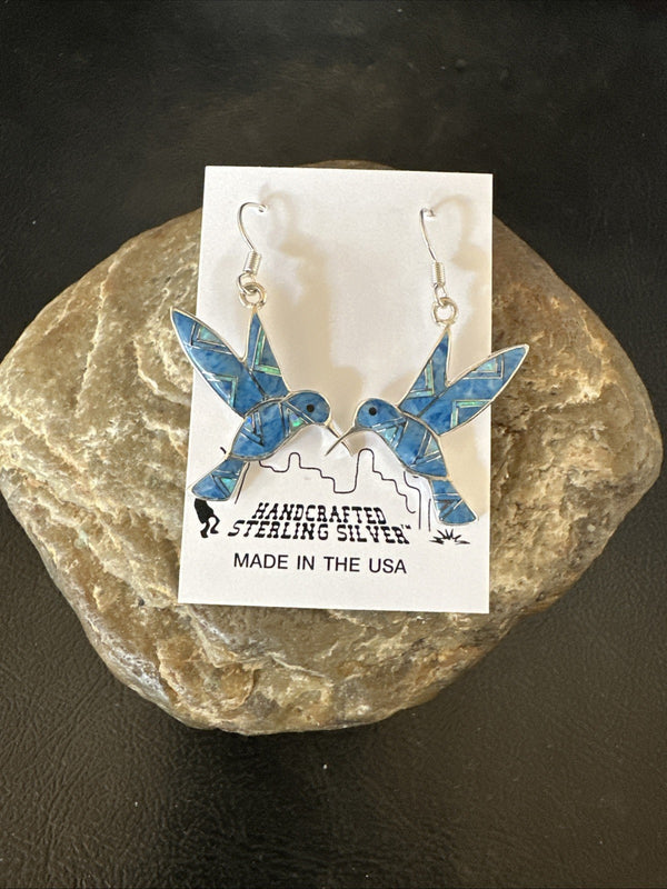 Blue Denim Lapis Opal Hummingbird Dangle Earrings | Sterling Silver | Authentic Native American Handmade | 19142