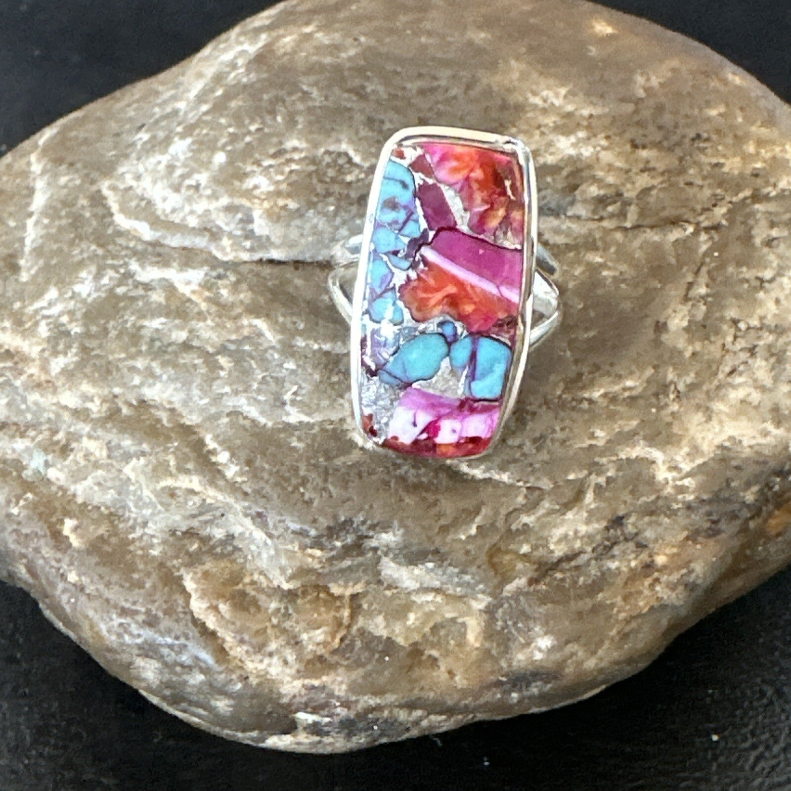 Blue Turquoise Spiny Oyster Southwestern Sterling Silver Ring Size 7 18492