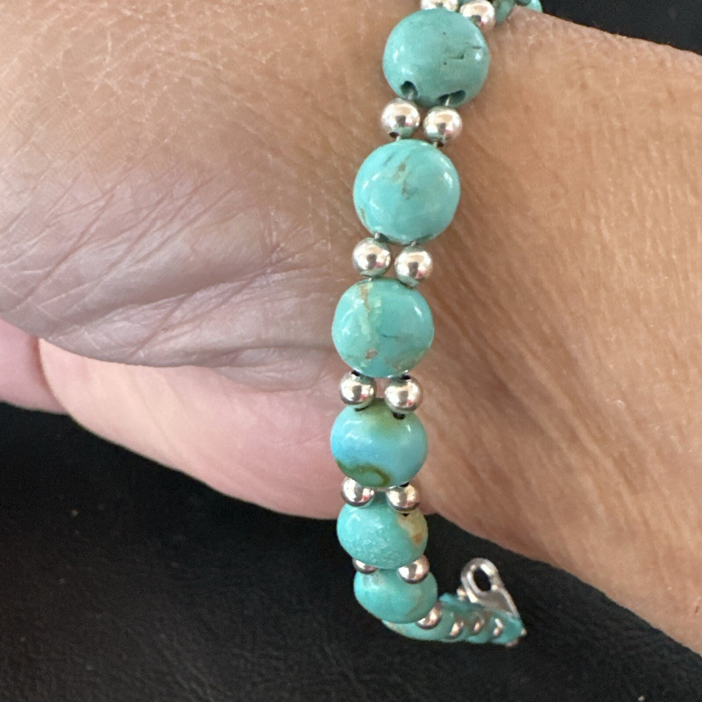 Womens Blue Turquoise Bead Southwestern Sterling Silver Link Bracelet 8" 17976