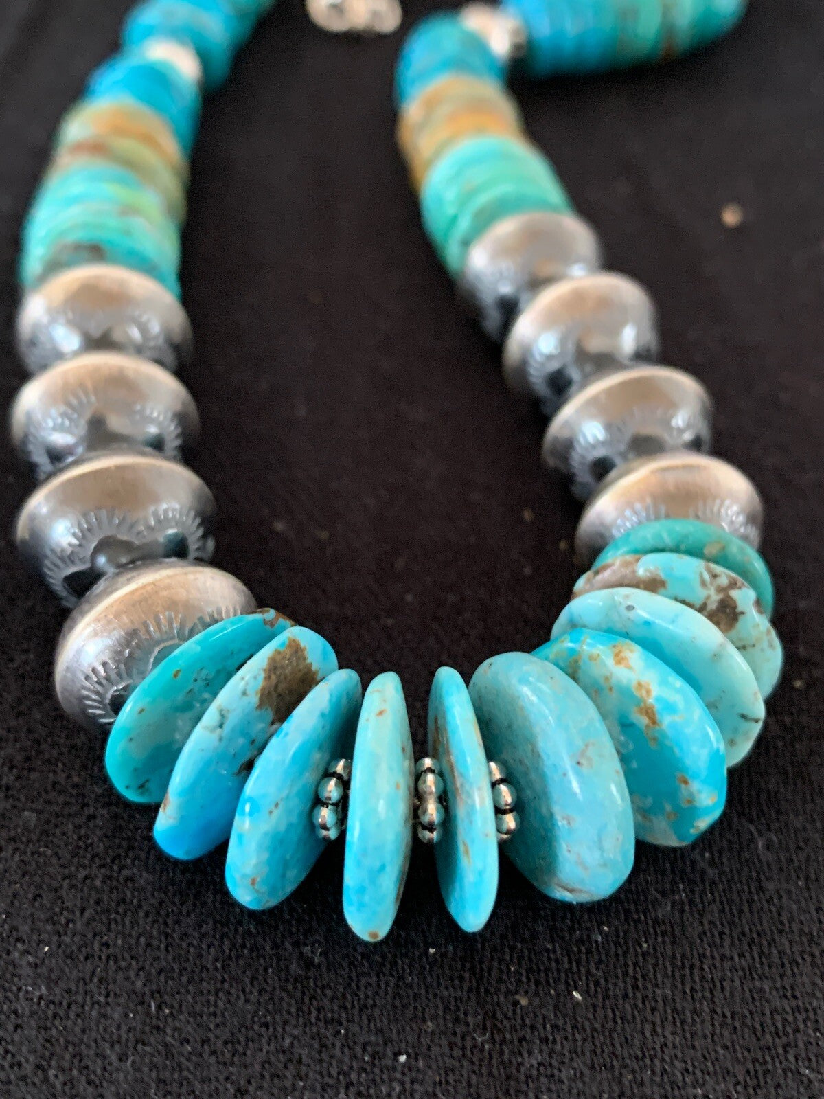 Blue Green Turquoise Beads Navajo Pearls Sterling Silver Necklace 4697