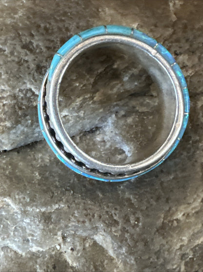 Blue Opal Navajo Sterling Silver Band Inlay Ring Size 8 18806