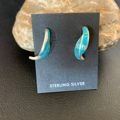 Blue Turquoise Southwestern Zuni Sterling Silver Inlay Hoop Earrings 0.75" 13022
