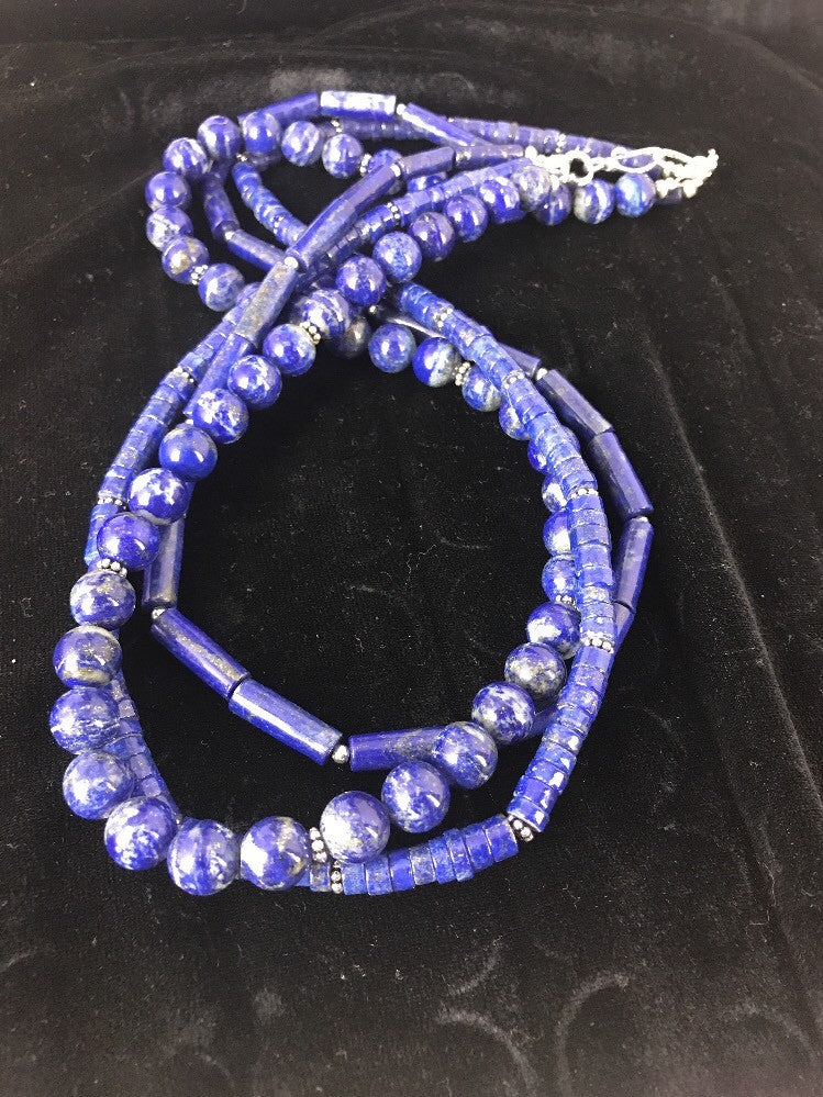 Native Denim Lapis 3 strand Sterling Silver Tube Bead 22" Necklace 3869