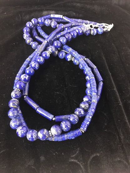 Native Denim Lapis 3 strand Sterling Silver Tube Bead 22" Necklace 3869