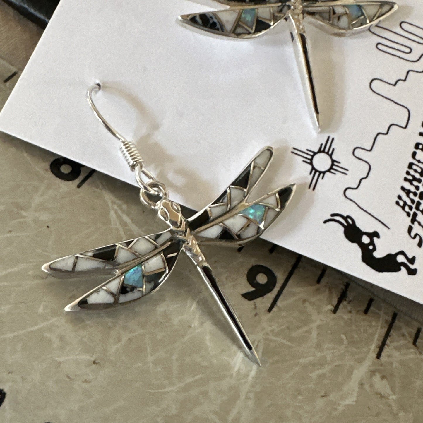 White Buffalo Turquoise Onyx Opal Navajo Sterling Silver Inlay Earrings 1" 18548