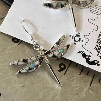 White Buffalo Turquoise Onyx Opal Navajo Sterling Silver Inlay Earrings 1" 18548