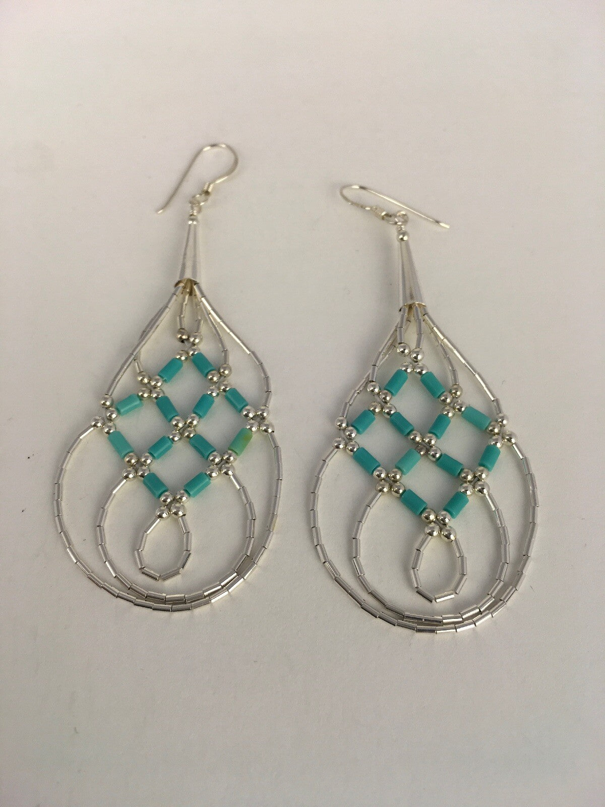 Native Blue Turquoise Heishi Liquid Sterling Silver Dangle Earrings 2" 08878