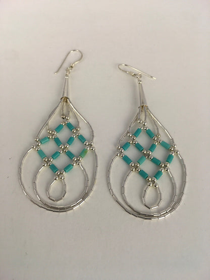 Native Blue Turquoise Heishi Liquid Sterling Silver Dangle Earrings 2" 08878