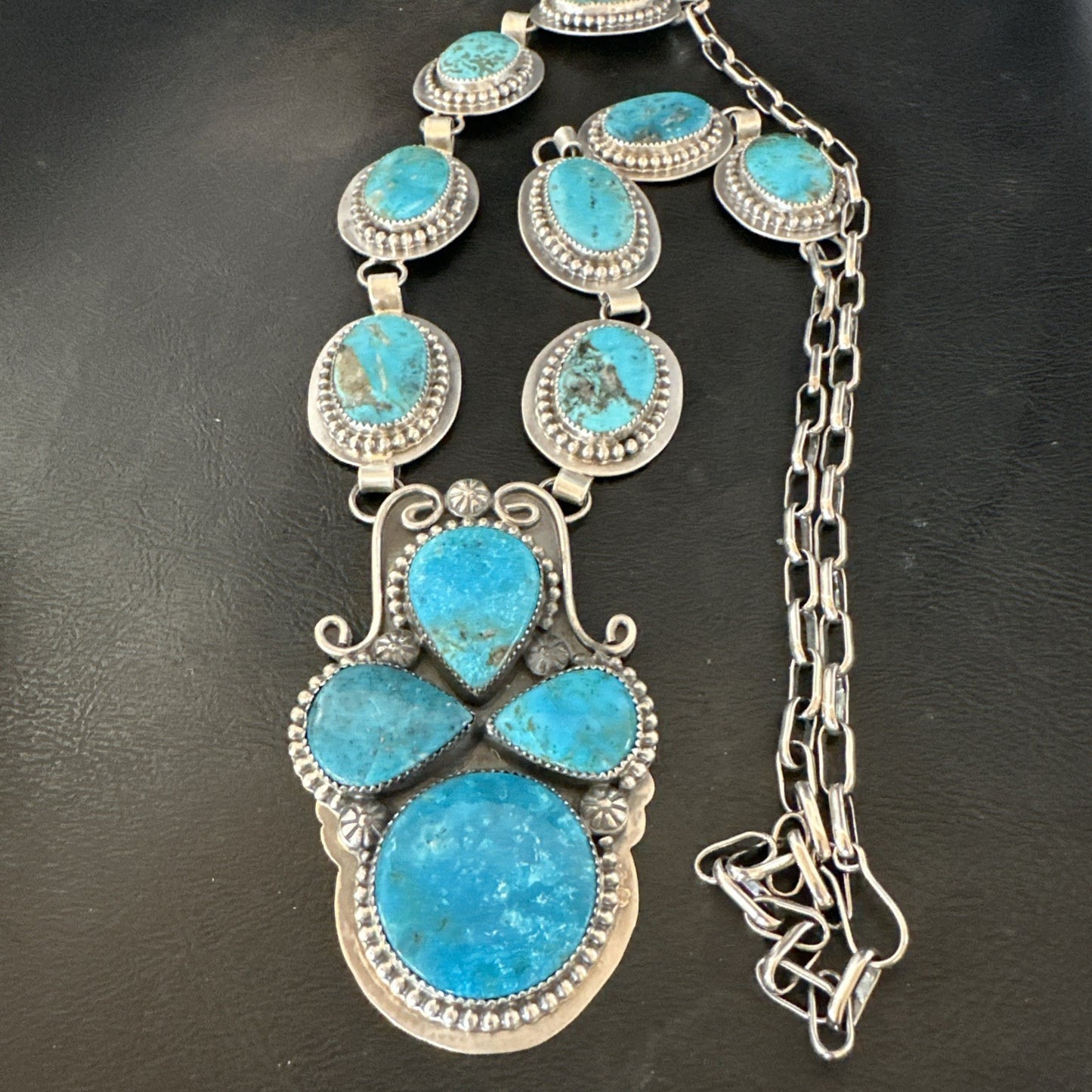 XXL Vintage Kingman Turquoise Navajo Sterling Silver Lariat Necklace 33” 19632