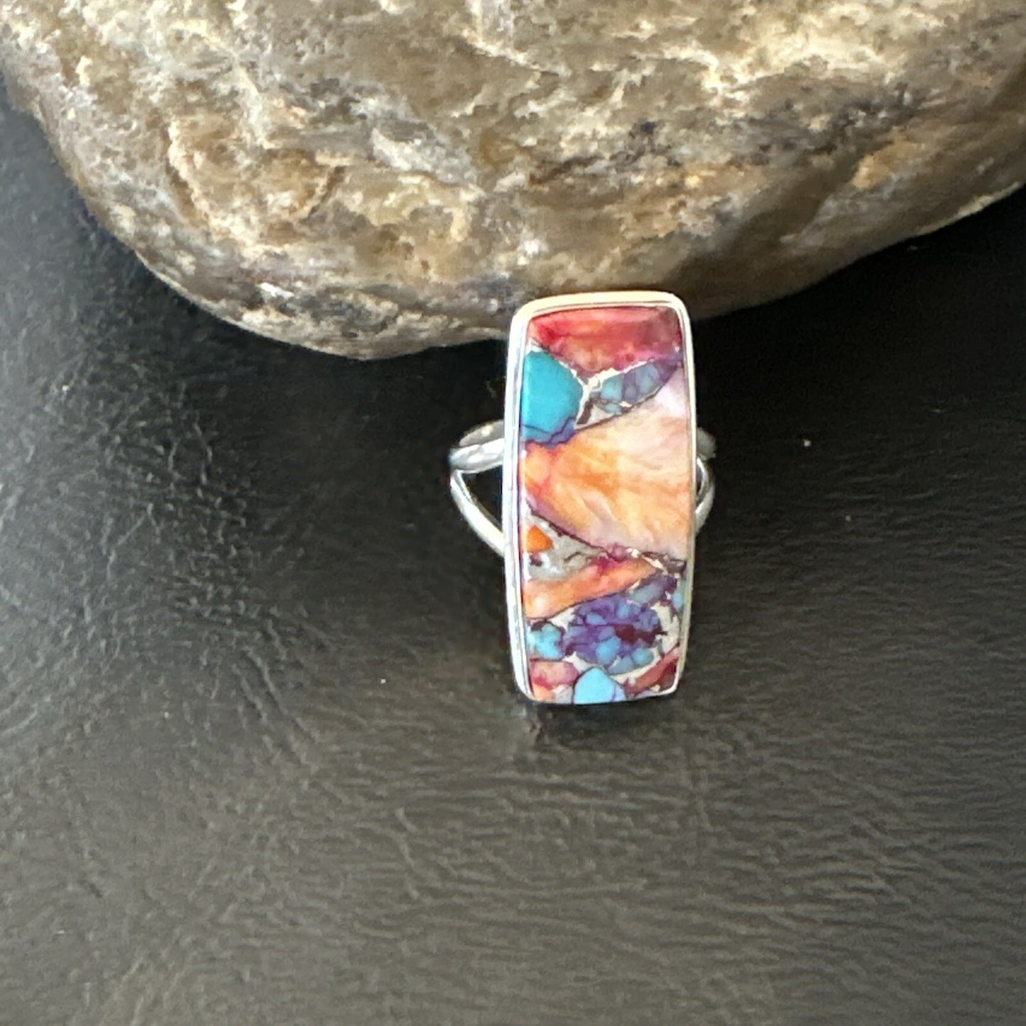 Blue Turquoise Spiny Oyster Southwestern Sterling Silver Ring Size 7 18489