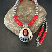 Men's Red Coral BearPaw Pendant Navajo Pearls Necklace | Sterling Silver | Authentic Native American Handmade | 17883