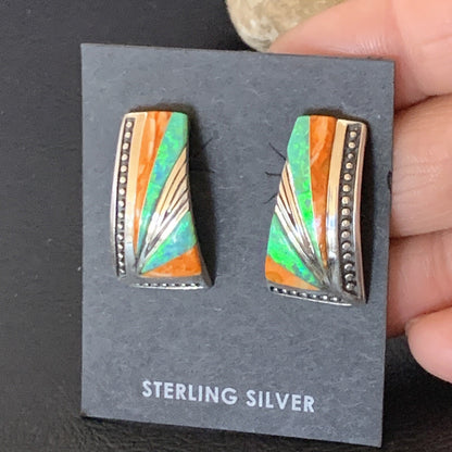Navajo Blue Opal Oran Spiny Oyster Inlay Sterling Silver Earrings 12118