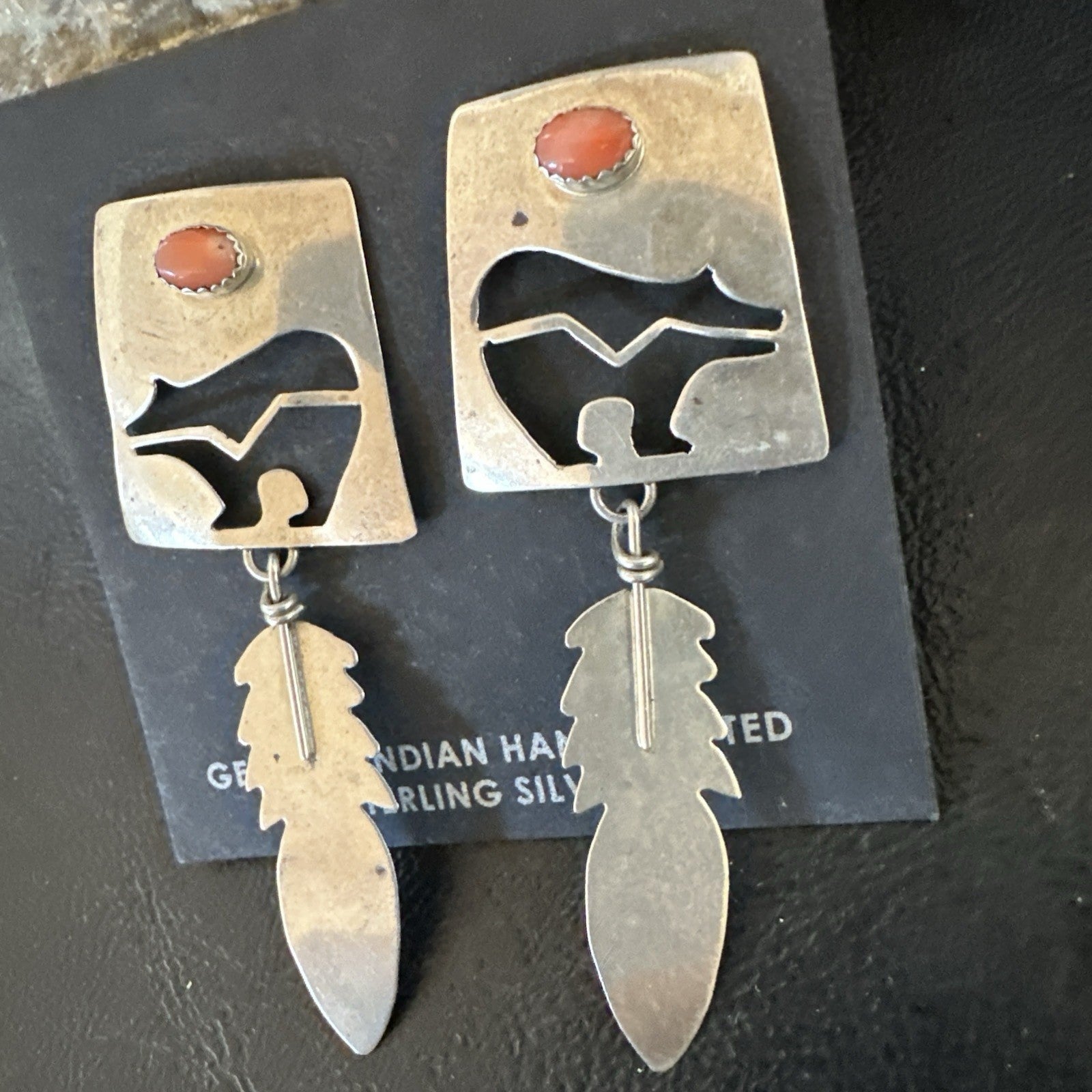 Old Pawn Pink Coral Navajo Sterling Silver Dangle Bear Feather Earrings 2” 19084