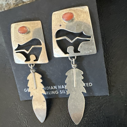 Old Pawn Pink Coral Navajo Sterling Silver Dangle Bear Feather Earrings 2” 19084