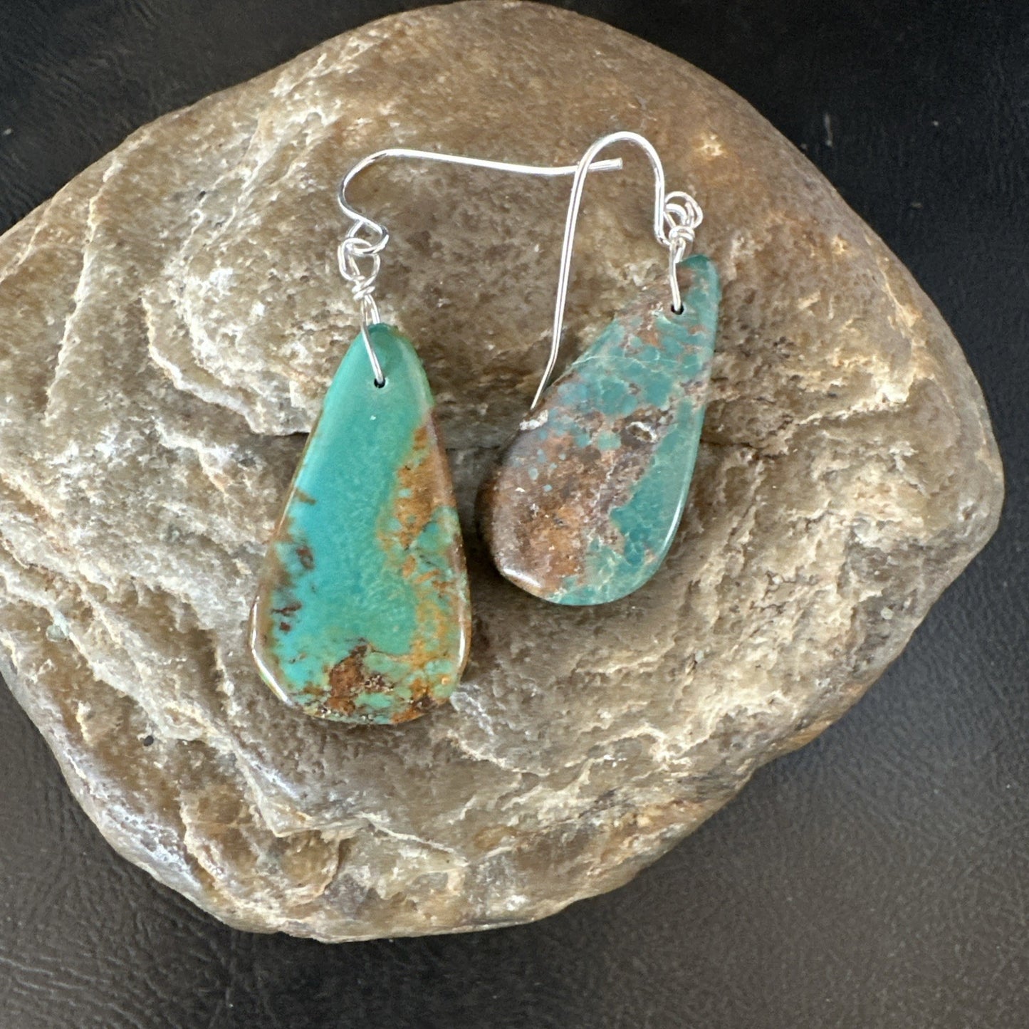 Green Turquoise Teardrop Sterling Silver Beads Navajo Earrings 1" 19041