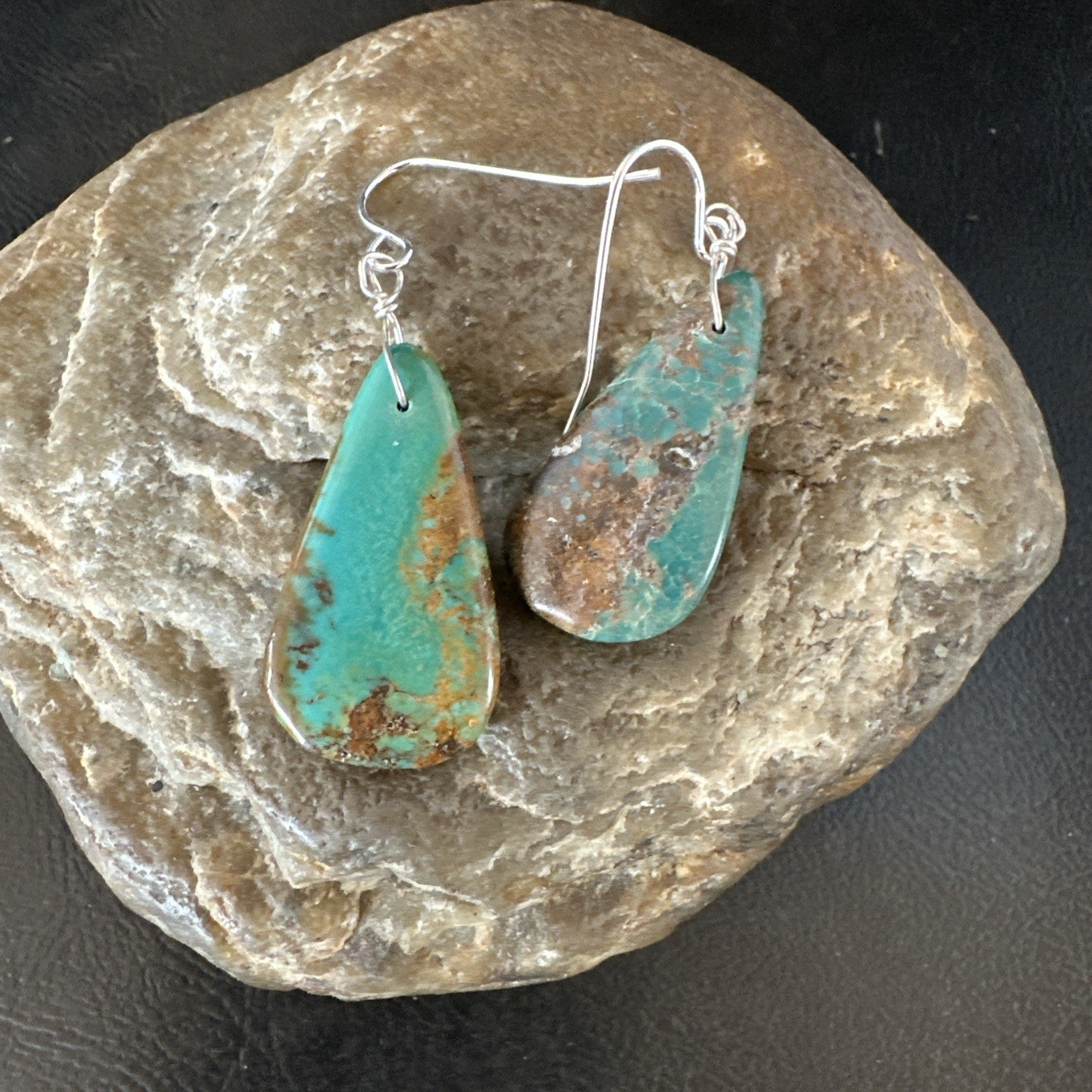 Green Turquoise Teardrop Sterling Silver Beads Navajo Earrings 1" 19041