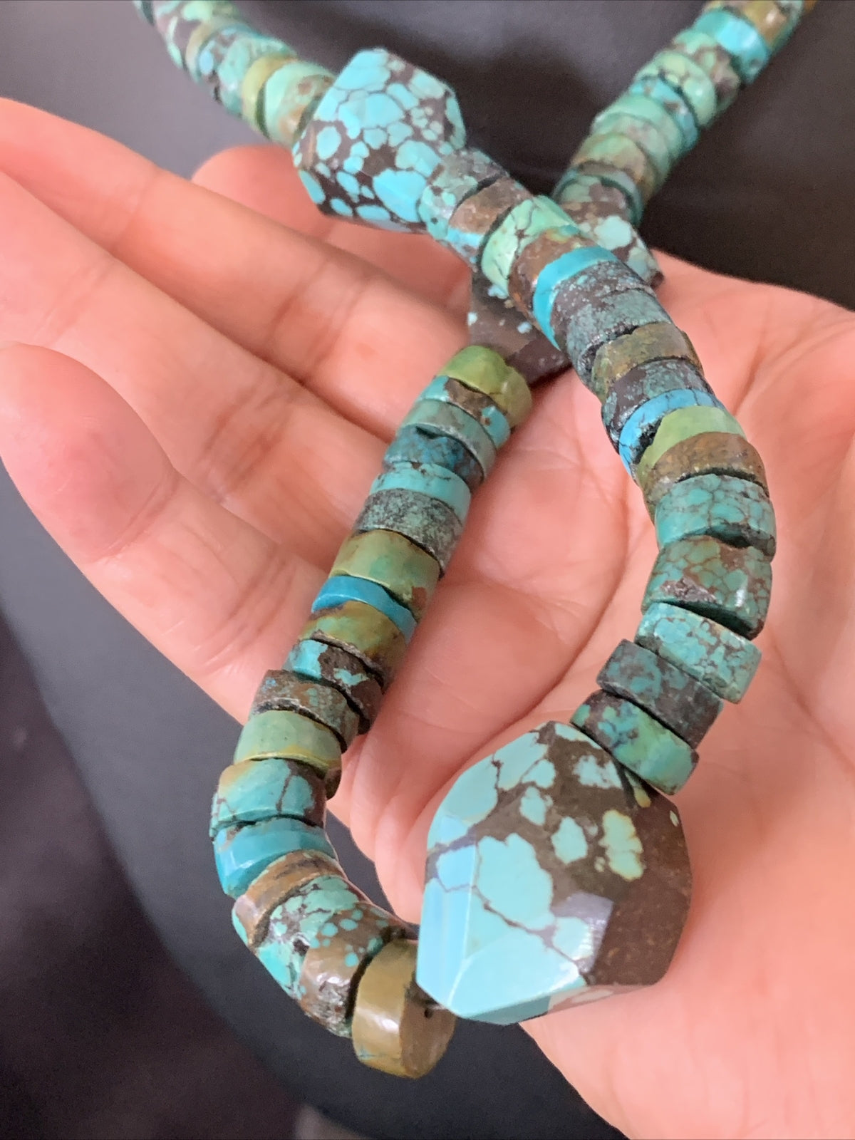 Men Chunky Spiderweb Turquoise Heishi Navajo Sterling Silver Necklace 21” 124506