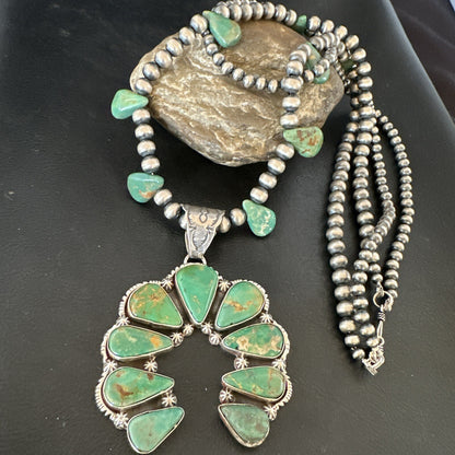 Mens Green Turquoise Naja Pendant Navajo Sterling Silver Necklace 28" 17380