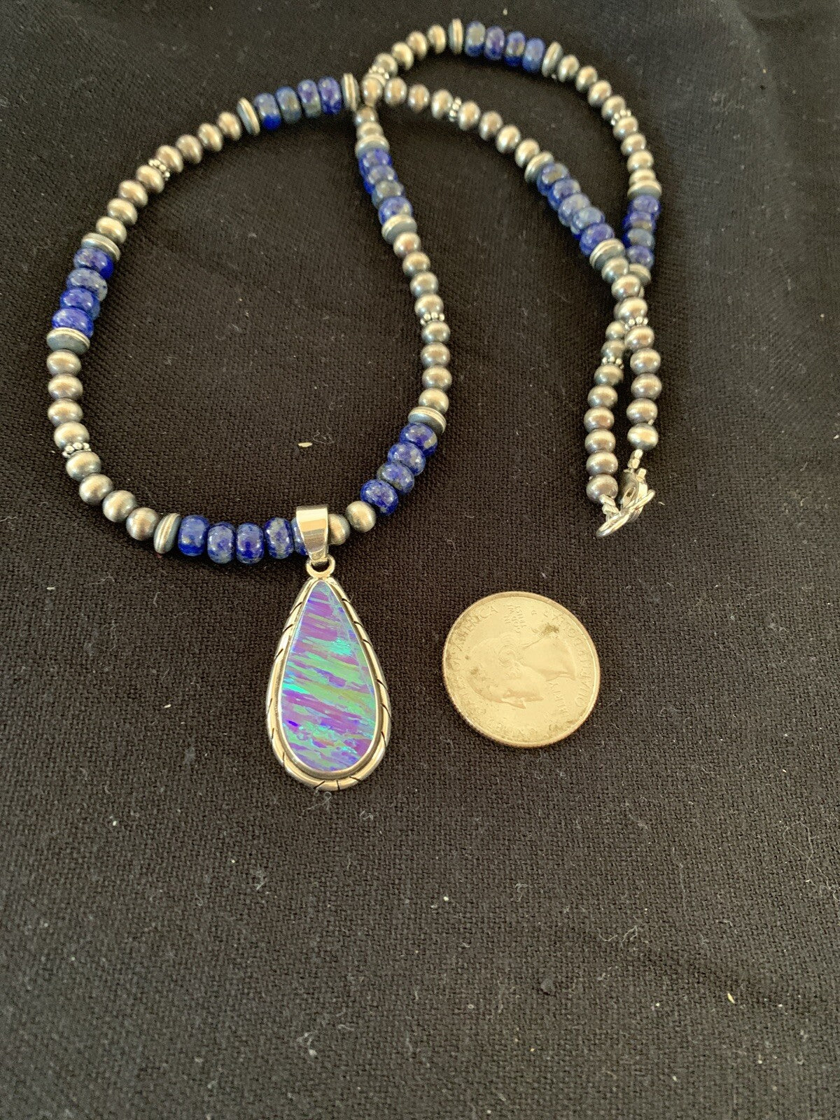 Native Navajo Sterling Silver Purple Opal Lapis Necklace Pendant 00591