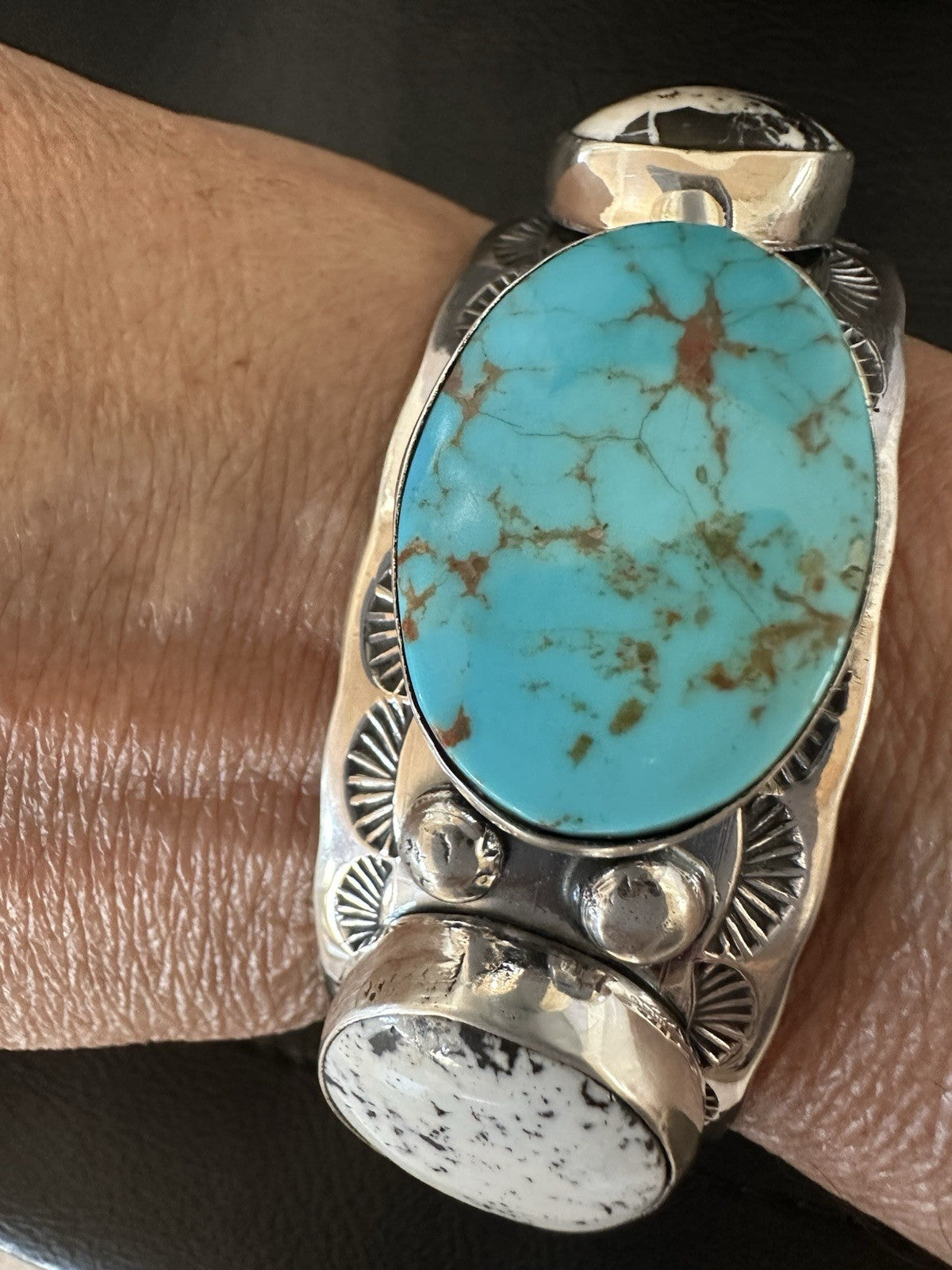 Men White Buffalo Blue Turquoise Navajo Sterling Silver Cuff Bracelet 7.3" 19429