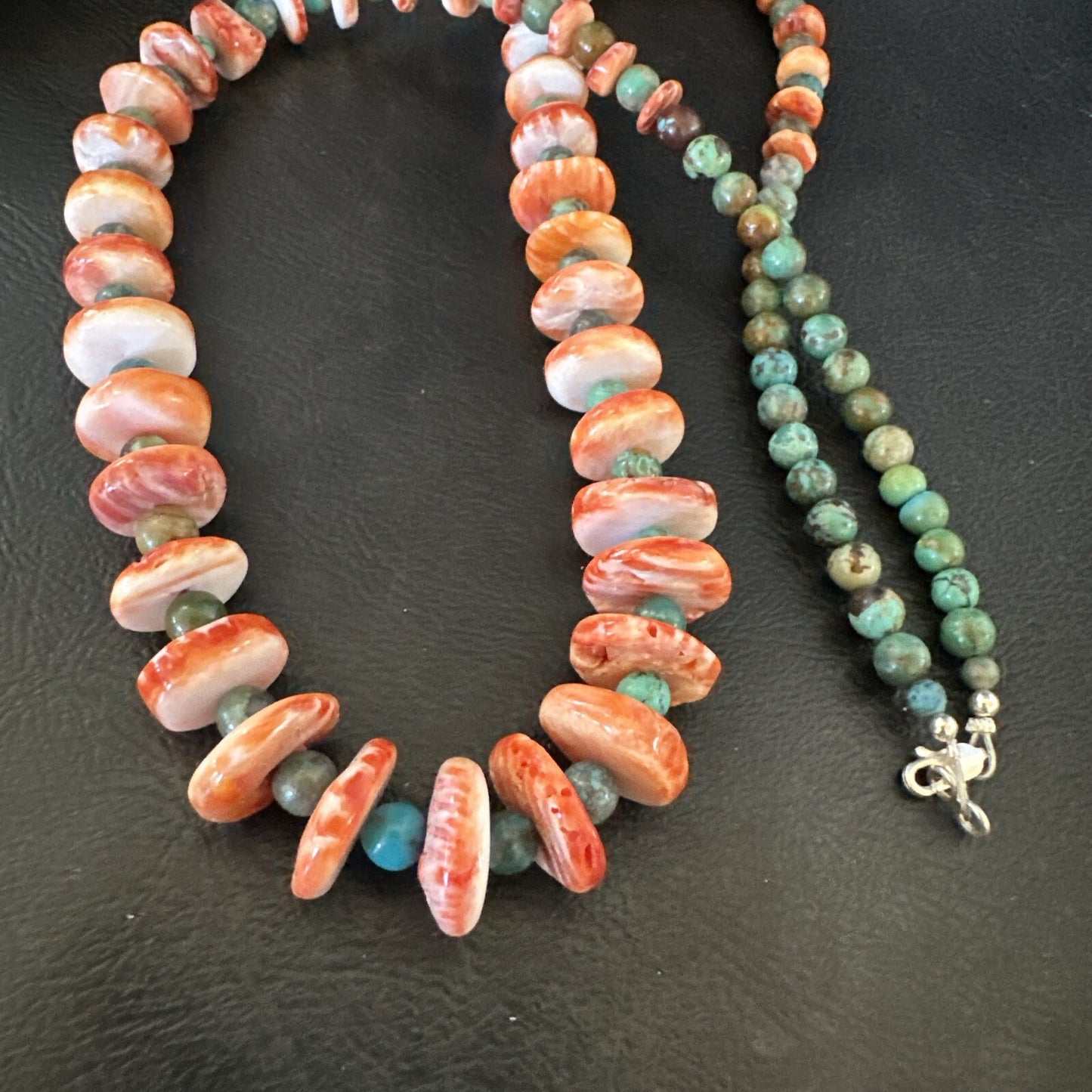Red Spiny Oyster Green Turquoise 23” Long Navajo Sterling Silver Necklace 17762