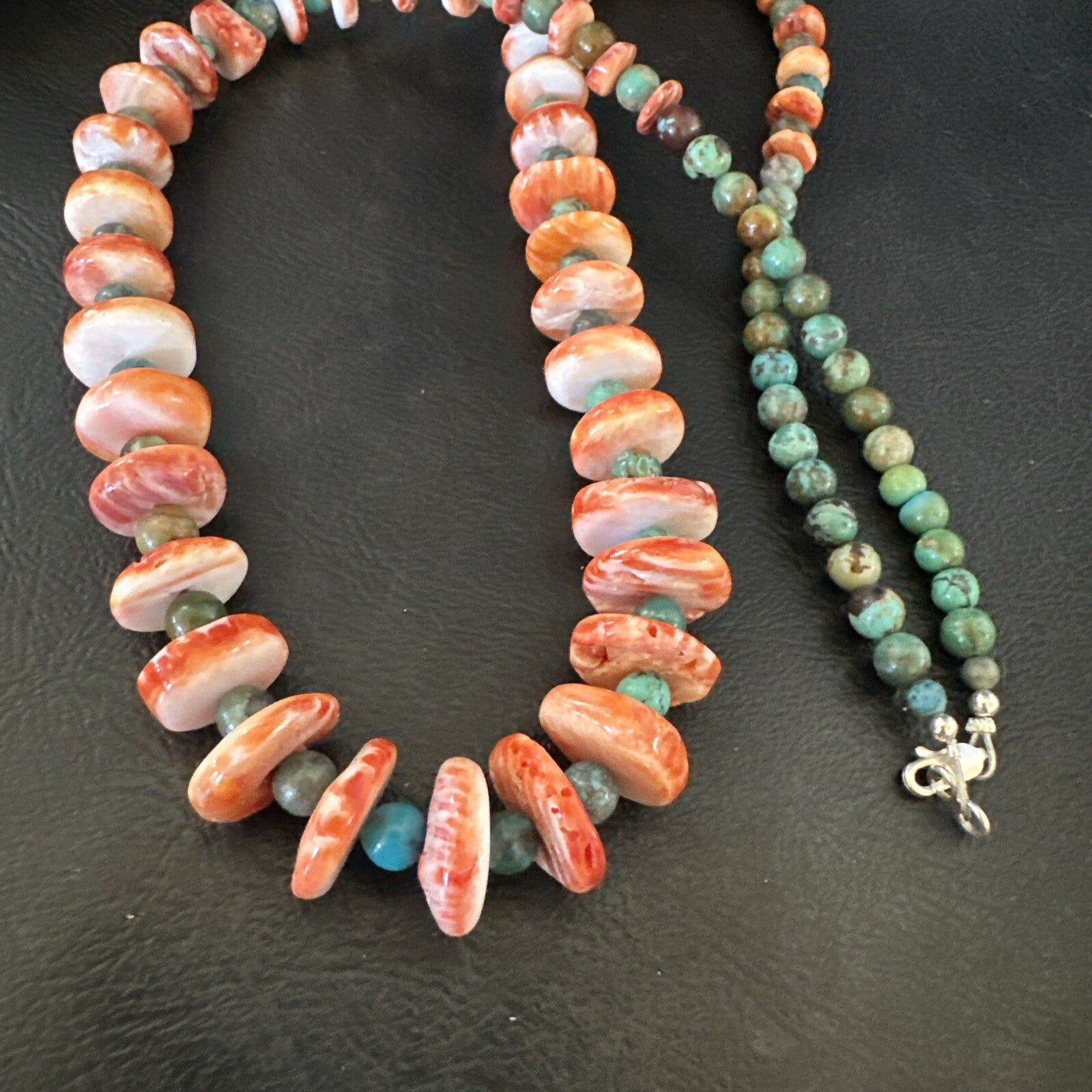 Red Spiny Oyster Green Turquoise 23” Long Navajo Sterling Silver Necklace 17762