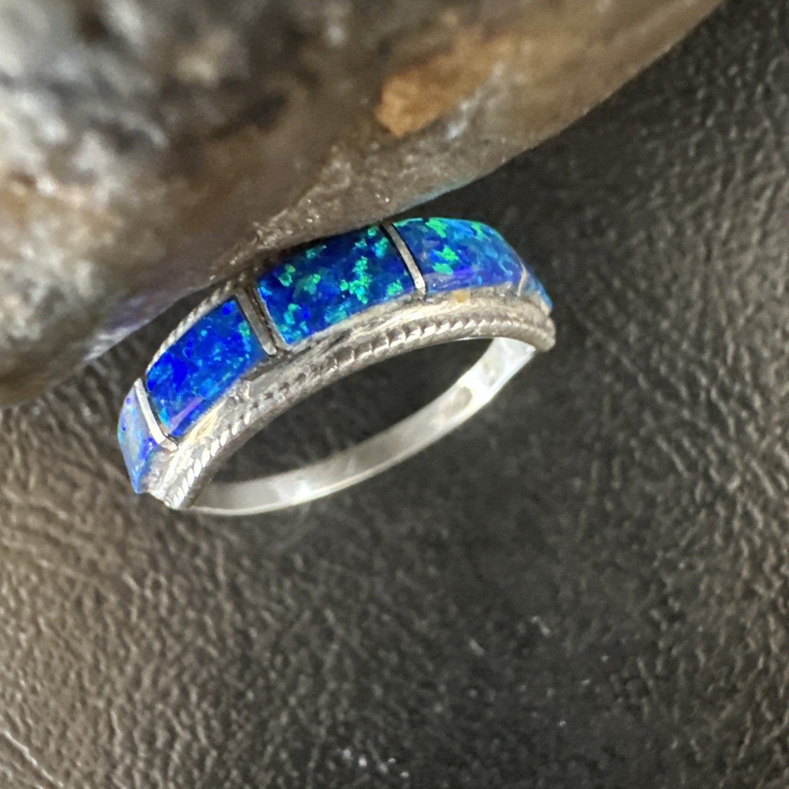 Blue Opal Navajo Sterling Silver Band Inlay Ring Size 7.5 19724