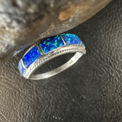 Blue Opal Navajo Sterling Silver Band Inlay Ring Size 7.5 19724
