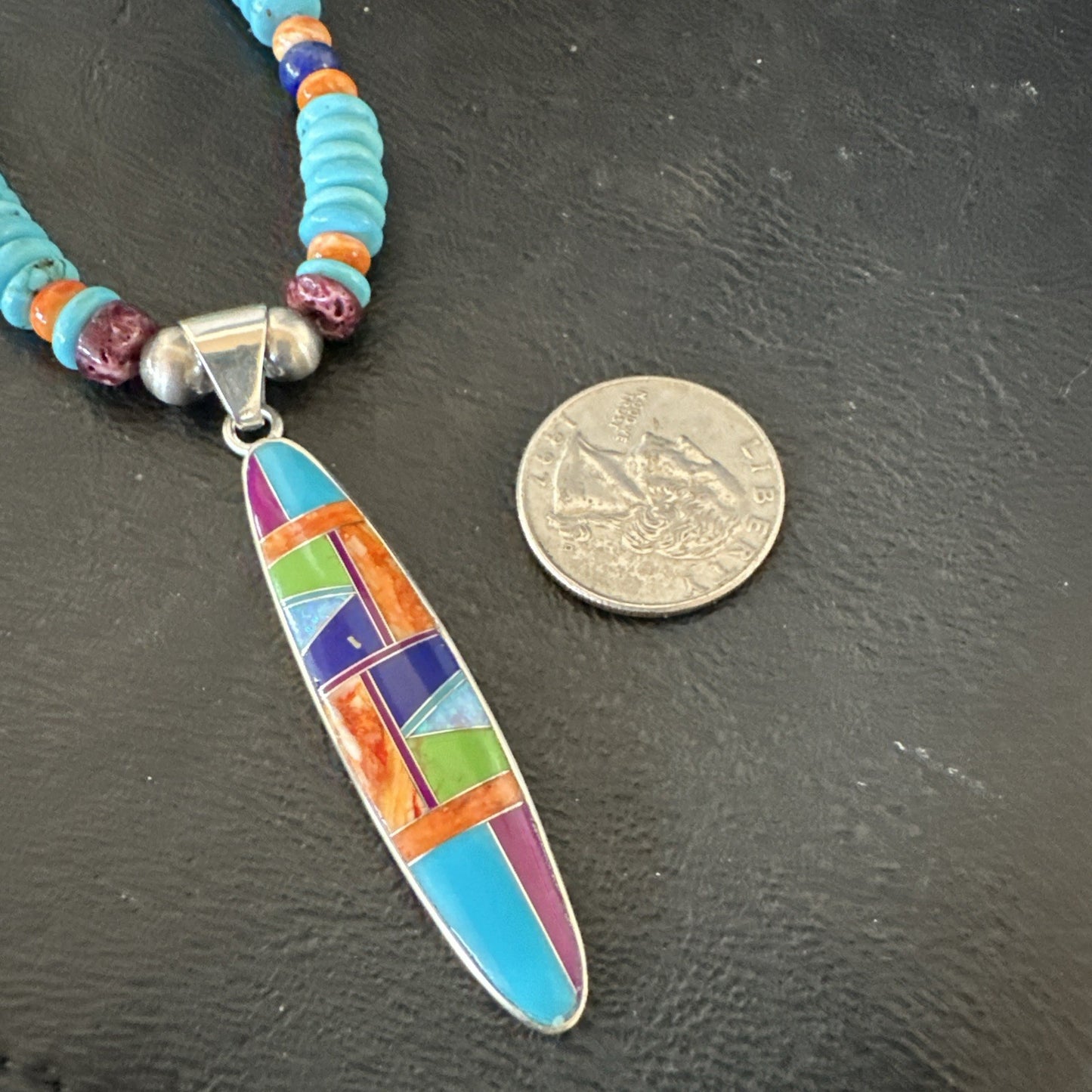 Multicolor Turquoise Spiny Navajo Sterling Silver Inlay Pendant Necklace 19644