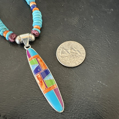 Multicolor Turquoise Spiny Navajo Sterling Silver Inlay Pendant Necklace 19644