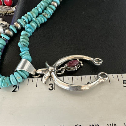 Mens Blue Turquoise Spiny Naja Pendant Navajo Sterling Silver Necklace 21” 17719