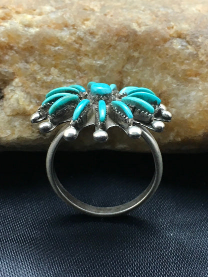Blue Turquoise Needle Point Cluster Zuni Sterling Silver Ring Sz 7.25 4035