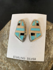 Turquoise Onyx Inlay Zuni Old Pawn Earrings | Sterling Silver | Authentic Native American Handmade | 2042