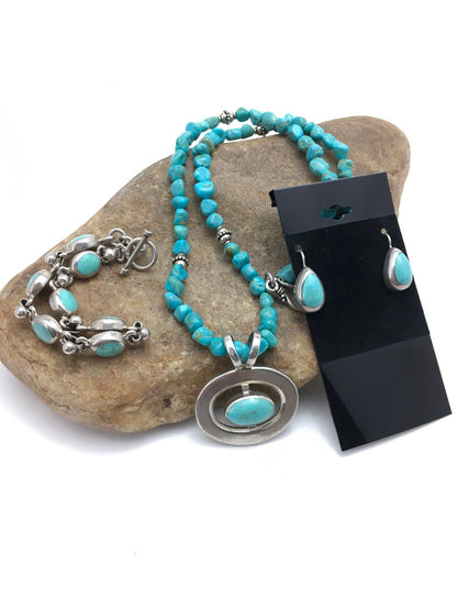 Native Turquoise Nugget Sterling Silver Necklace Earring & Bracelet 3145