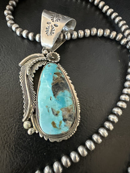 Mens Womens Blue Turquoise Pendant Sterling Silver Beads Sterling Necklace 18648