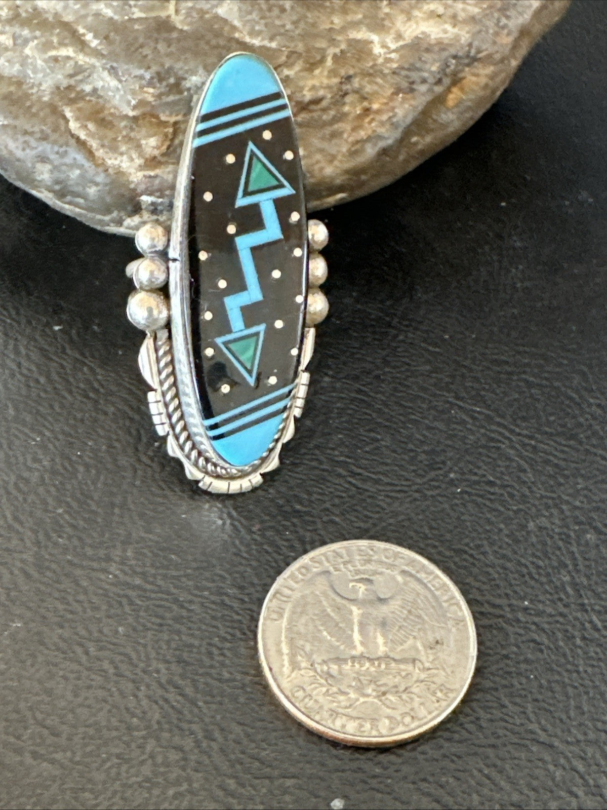 Cosmic Inlay Black Onyx Blue Turquoise Navajo Sterling Silver Ring Sz 9.5 19790