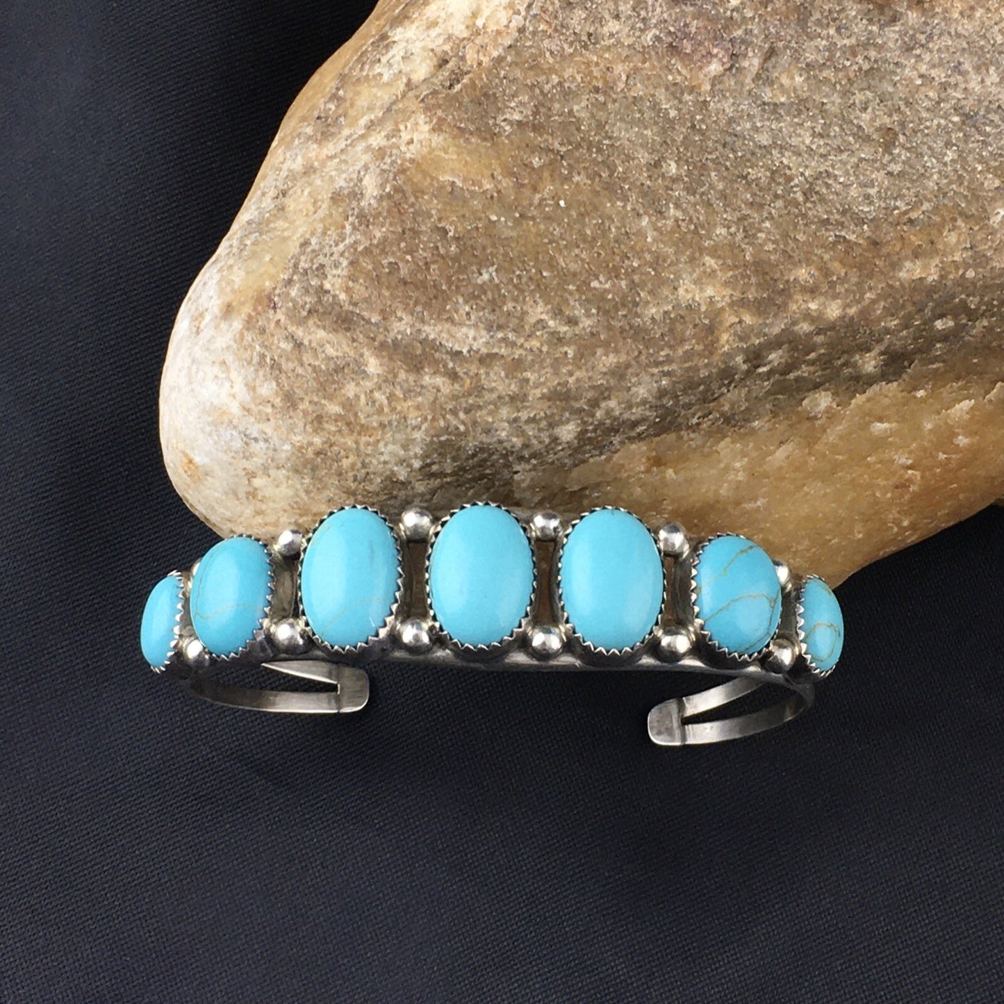 Native Mens Navajo Sterling Silver Kingman Turquoise Bracelet 7 Stone 10244