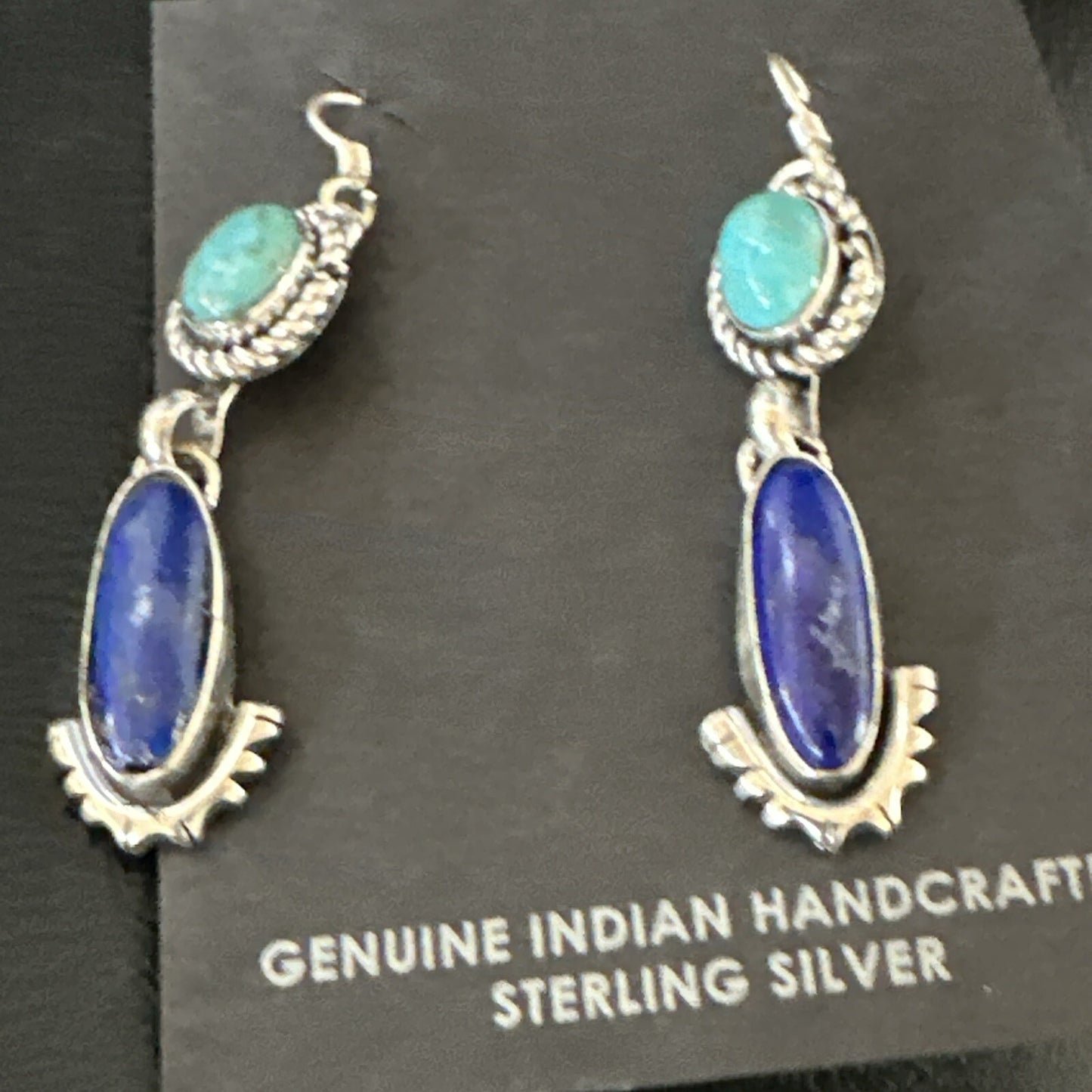 Navajo Turquoise Blue Lapis Sterling Silver Dangle Earrings 18186