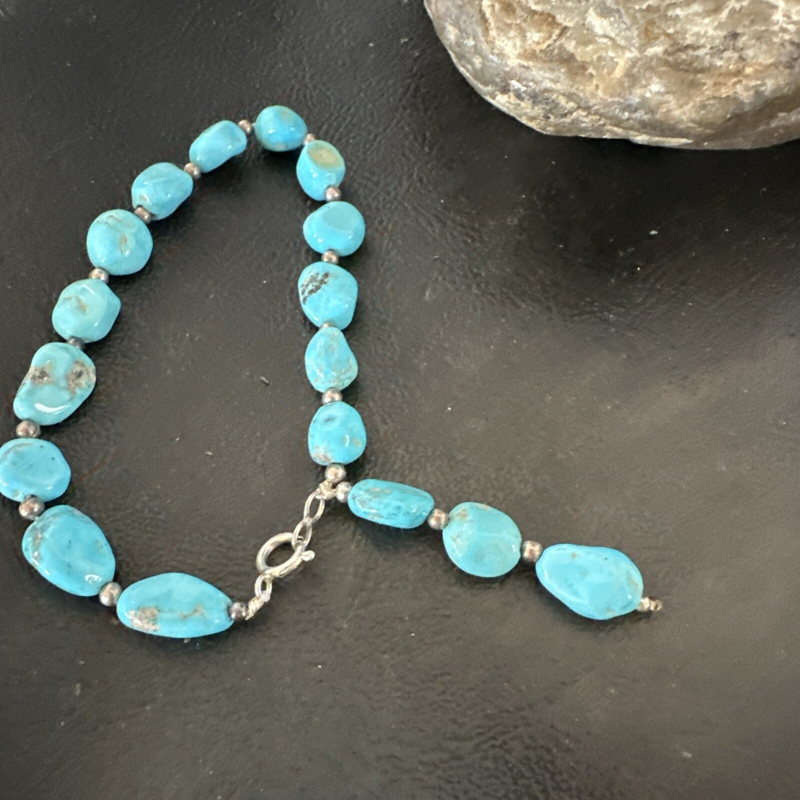 Blue Sleeping Beauty Nugget Turquoise Sterling Silver Navajo Bracelet 7.5” 18608