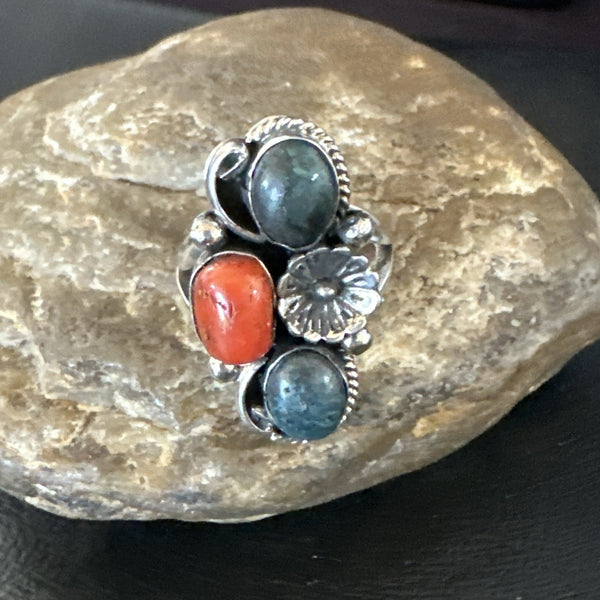 Multicolor Ring Turquoise Coral Navajo Cluster Size 10 | Sterling Silver | Authentic Native American Handmade | 19192
