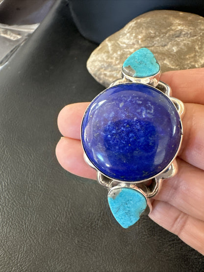 Kingman Turquoise Lapis Navajo Sterling Silver Tufa Cast Cuff Bracelet 17984