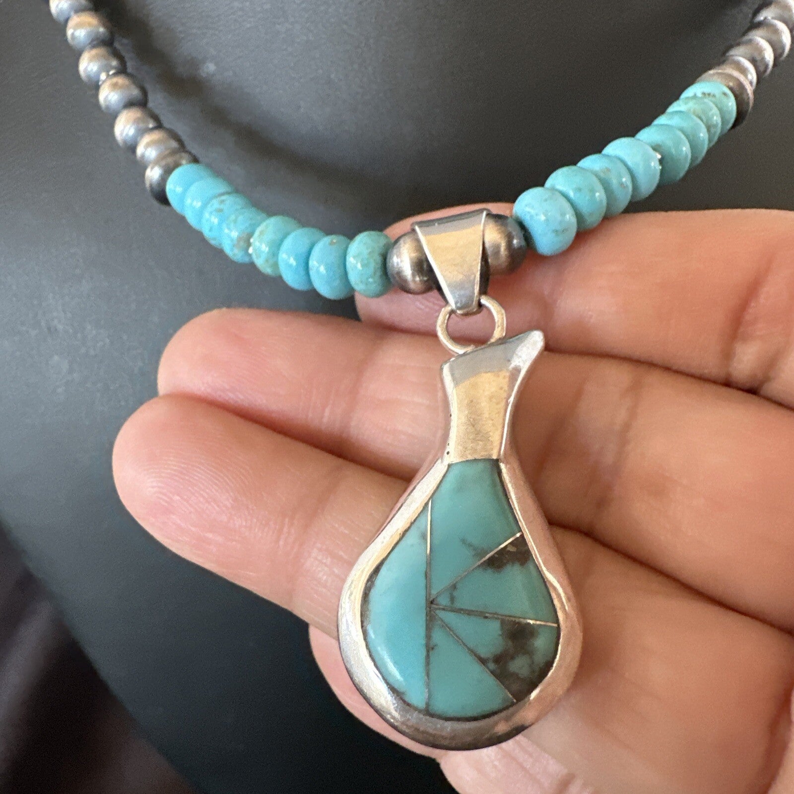 Pottery Blue Kingman Turquoise Pendant Navajo Sterling Silver Necklace 21" 18379