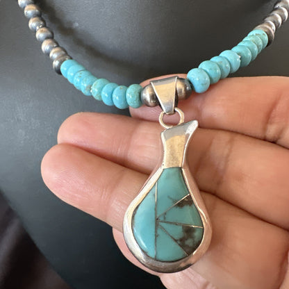 Pottery Blue Kingman Turquoise Pendant Navajo Sterling Silver Necklace 21" 18379