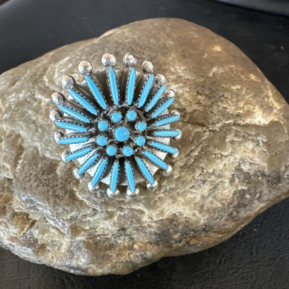 Blue Turquoise Zuni Sterling Silver Needle Point Cluster Ring Size 8 17843