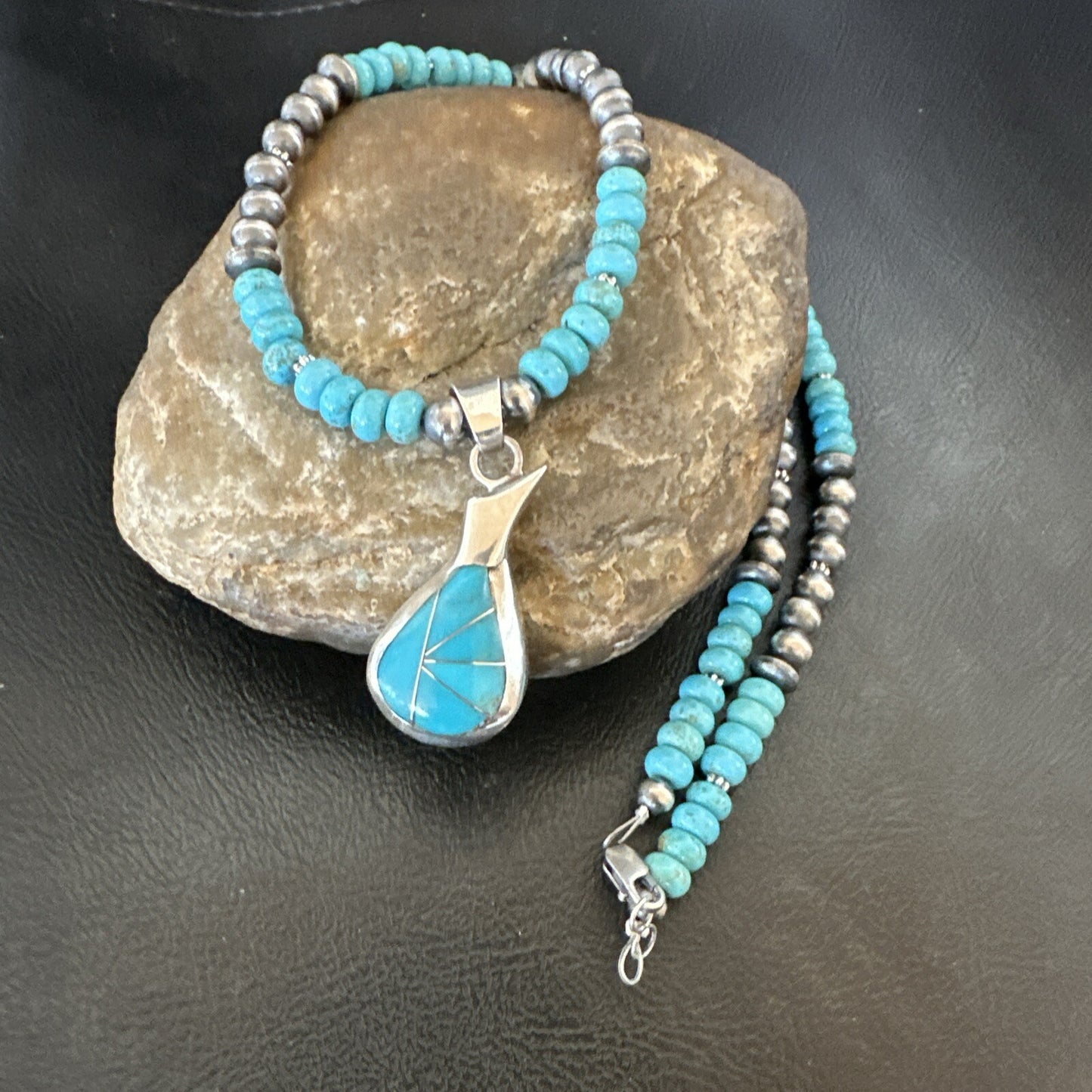 Pottery Blue Kingman Turquoise Pendant Navajo Sterling Silver Necklace 21" 18378