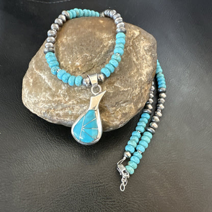 Pottery Blue Kingman Turquoise Pendant Navajo Sterling Silver Necklace 21" 18378