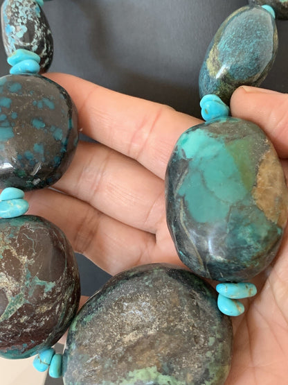 Natural Blue Nugget Turquoise Graduated Navajo Sterling Silver Necklace 00627